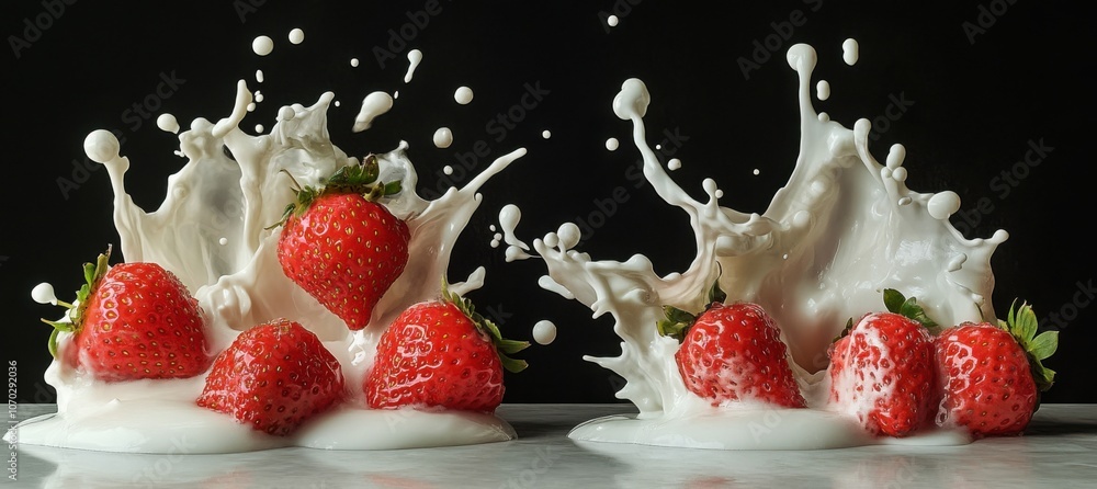 Poster two strawberries are floating in a splash of milk. concept of playfulness and whimsy, as if the stra