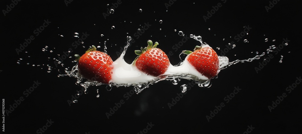 Poster three strawberries are floating in a splash of milk. the image has a playful and lighthearted mood, 