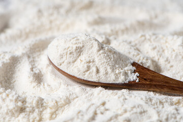 Close-up of white flour and wooden spoon background.