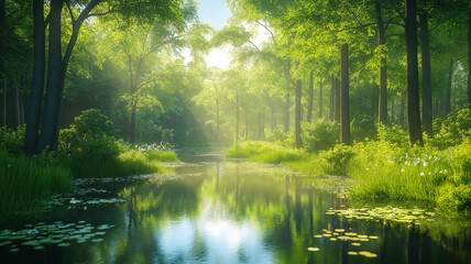 Obraz premium Tranquil forest and pond landscape capturing the essence of spring or summer beauty