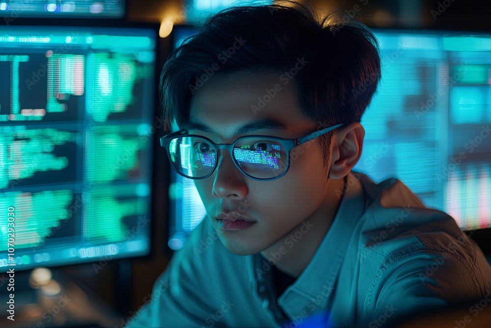 Aufkleber young professional analyzing data on multiple screens in a dark office environment during late hours