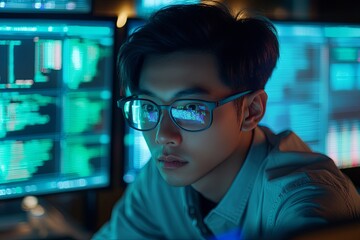 Young professional analyzing data on multiple screens in a dark office environment during late hours of the night. Generative AI