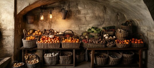 A large wooden table is filled with baskets of fruit and vegetables. The baskets are arranged in a way that makes it easy to see and access the produce. Scene is warm and inviting