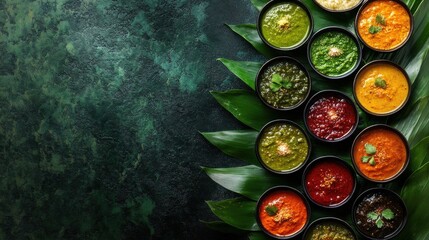 Vibrant Indian-inspired presentation featuring an array of colorful chutneys and sambal, arranged on leaves to showcase the diversity in colors and flavors