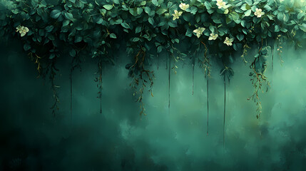 Fototapeta premium Beautiful vines, with leaves, in clear sharp detail, dripping leaves, calming effect, green background, line of flowers