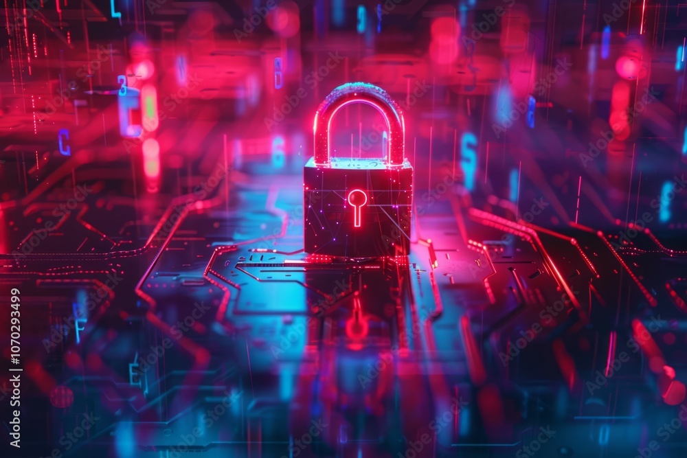 Poster cyber security lock glowing in dark red and blue cyberspace chip surface. neural network ai generate