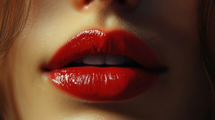 Close-up of glossy red lips highlighting vibrant makeup artistry and natural beauty in a soft light setting