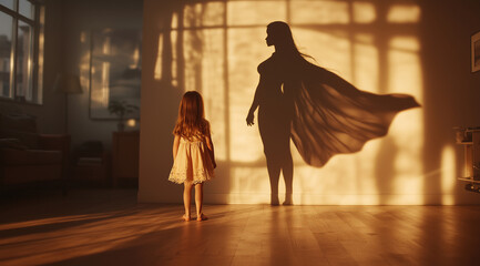Little girl standing in a softly lit room casting a superhero shadow on the wall behind her, symbolizing strength, dreams, and hope. Captured from a low angle with a warm, empowering atmosphere.