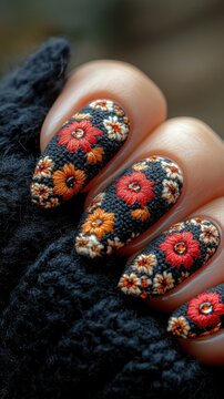 A nail with a manicure designe made of wool, with beautiful pattern on it. The nail has very detailed patterns, and its shape resembles that seen from above. 