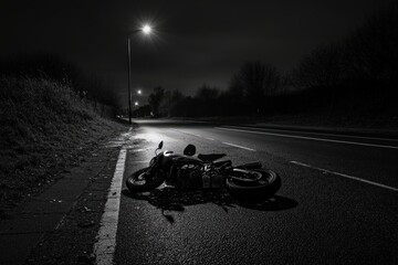 A motorcycle is lying on its side near a deserted road under dim streetlights at night. The area appears quiet and abandoned, with shadows stretching across the pavement.