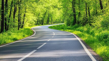 Obraz premium Serene Curving Road Through Lush Green Forest