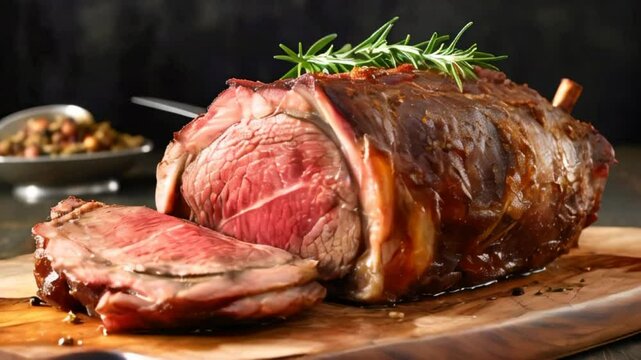 Video of delicious standing rib roasted with cut off slice on wood cutting board. Holiday meal for family dinner celebrations