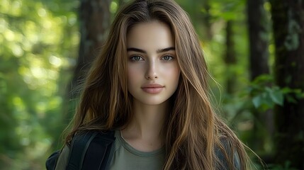 Naklejka premium A close-up of a young woman standing in a dense forest, facing a fork in the path. Her expression reflects deep contemplation about which direction to take, surrounded by towering trees and 