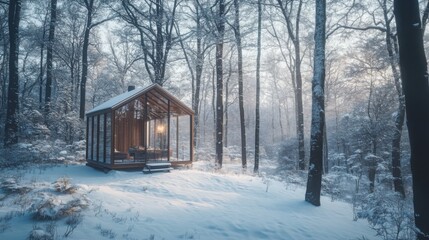 Winter forest landscape around a cozy hut, glass panels showing frosty trees and snow-covered ground.