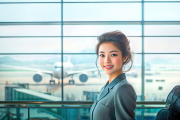 Fototapeta premium Attractive Asian flight attendant at the airport with luggage with a window behind in which there is a plane
