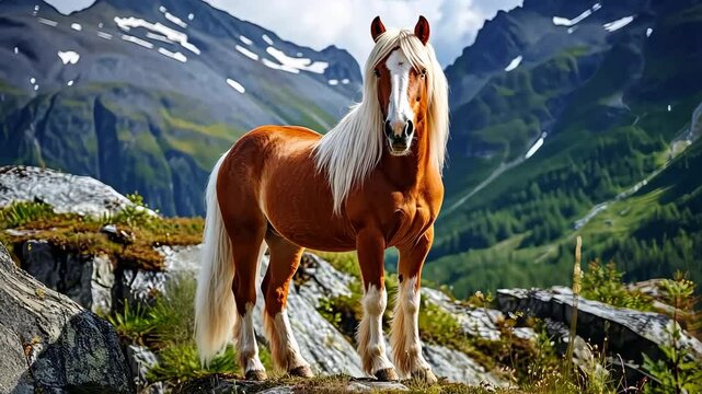Haflinger horse standing on mountain top with snow-capped peaks in background