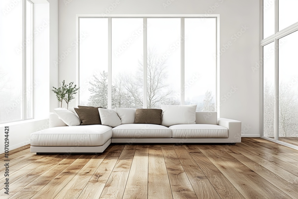 Poster modern white living room featuring a sofa and large windows with natural light and a view of trees i