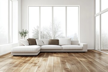 Modern white living room featuring a sofa and large windows with natural light and a view of trees in the background. Generative AI