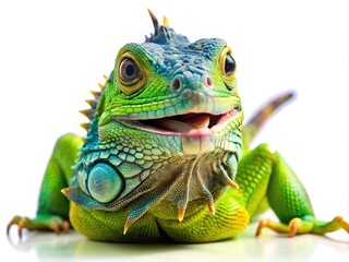 Obraz premium Smiling reptile, white background. AI photo, ample room for copy.