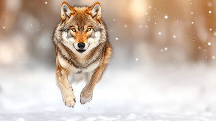 Obraz premium Majestic wolf running through snowy forest with soft falling snowflakes in winter wilderness landscape animal wildlife nature beauty concept
