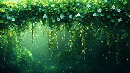 Beautiful vines, with leaves, in clear sharp detail, dripping leaves, calming effect, green background, line of flowers
