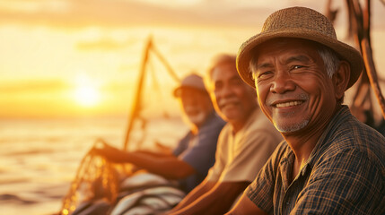 Elderly Fishermen Enjoying Sunset on Fishing Boat Smiling Peacefully on Ocean Journey, Sunset Tranquility Concept