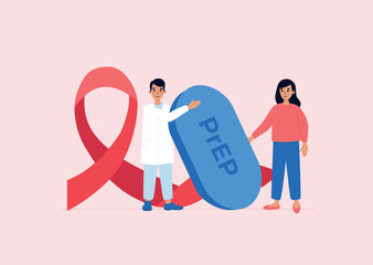 Doctor is holding PrEP pill near red ribbon. Oral treatment prescription against HIV. Vector illustration in flat style.