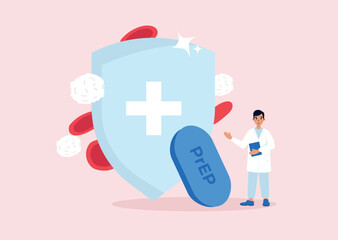 Immune system shield protected by PrEP anti HIV virus pills. Healthy blood cells. Doctor prescription for oral treatment, Vector illustration in flat style.