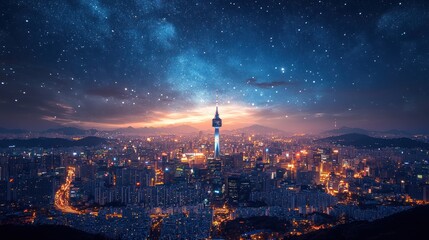 Fototapeta premium Cityscape Under a Starry Sky