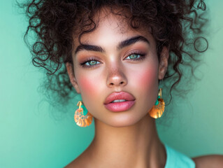 A woman with curly hair and bright earrings, posing confidently with a pastel mint green background.