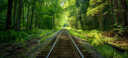Overgrown railway tracks leading through dense green forest