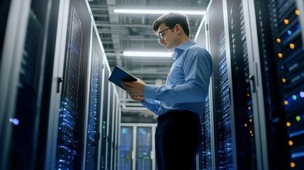 IT Professional Examining Server Status in Data Center Cybersecurity and Network Management