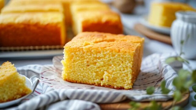 Video of freshly baked fluffy buttery cornbread with golden crust on a wooden cutting board. Traditional Southern states cuisine