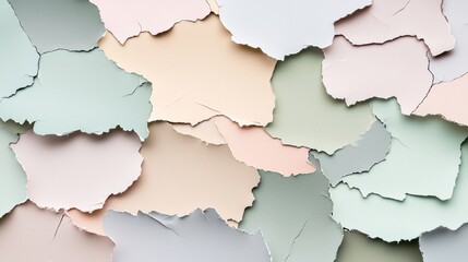  Flat, soft pastel background with overlapping layers of torn paper in various muted colors like pale pink, light grey, and soft olive.