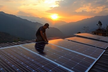 Worker kneeling and sets solar panel on the roof of house