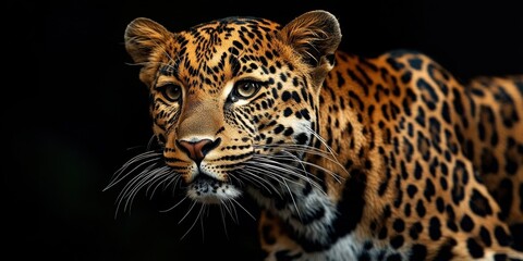 Naklejka premium Majestic leopard exhibiting distinctive spotted fur in a dark jungle setting, showcasing its powerful physique and focused gaze during the golden hour of sunset