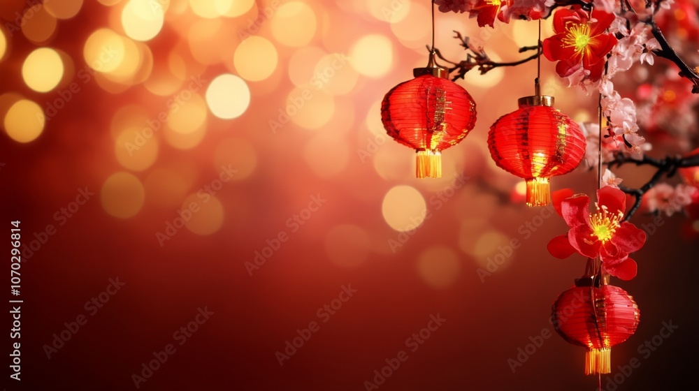 Poster a red background with a bunch of red lanterns hanging from a tree