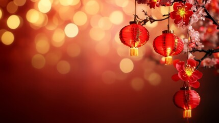 A red background with a bunch of red lanterns hanging from a tree