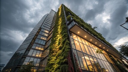 Fototapeta premium Sustainable Glass Building Vertical Garden CO2 Reduction Eco-Friendly Architecture