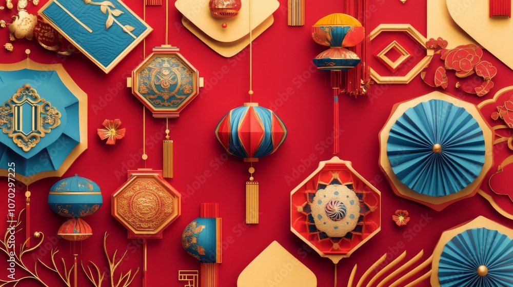 Poster a colorful array of paper lanterns and umbrellas hang from the ceiling