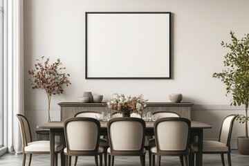 Fototapeta premium An empty black rectangular frame is mounted on a light-colored wall above a stylish dining table.