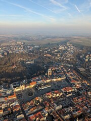 Obraz premium Aerial panorama of Jihlava city center, highlighting historical landmarks, urban architecture, and the vibrant cultural heart of this Moravian town.