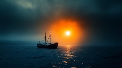Fototapeta premium Silhouetted old fishing boat peacefully navigating misty ocean at sunset, capturing the beauty of dusk as it sails through calm waters