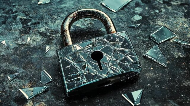Broken glass padlock showing security breach