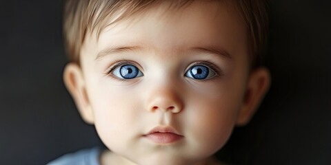 Close-up of a Caucasian baby boy with brown hair and blue eyes.