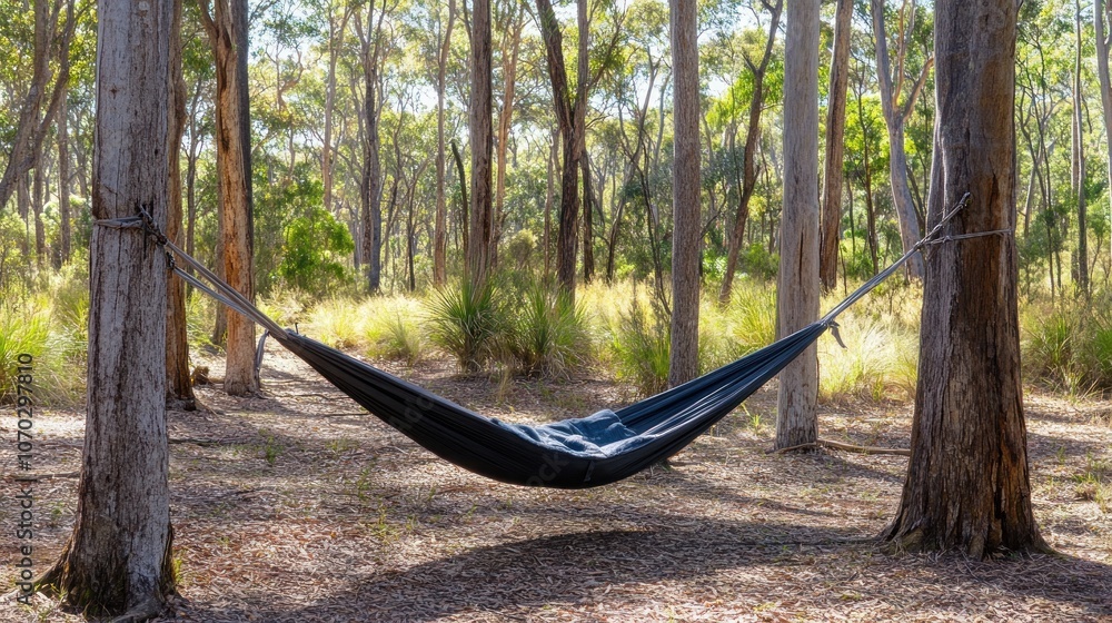 Poster a black hammock hangs between two trees in a forest clearing, casting a shadow on the ground.