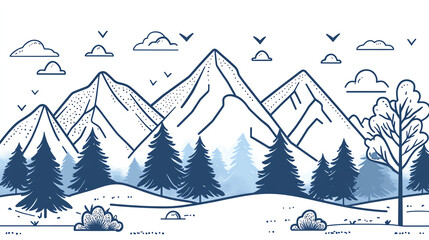 Mountain and forest scenery in line art, nature travel style, isolated on white background