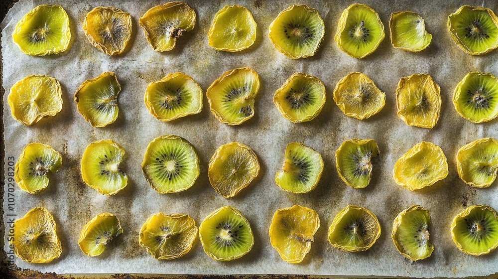 Poster dried kiwi slices arranged in rows on a baking sheet lined with parchment paper.