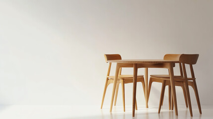 Wooden dining table with chairs, minimalistic design, isolated on white background