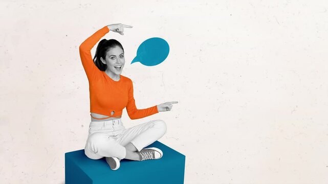 Motion collage video of happy girl point text box communication bubble monologue speech conversation
